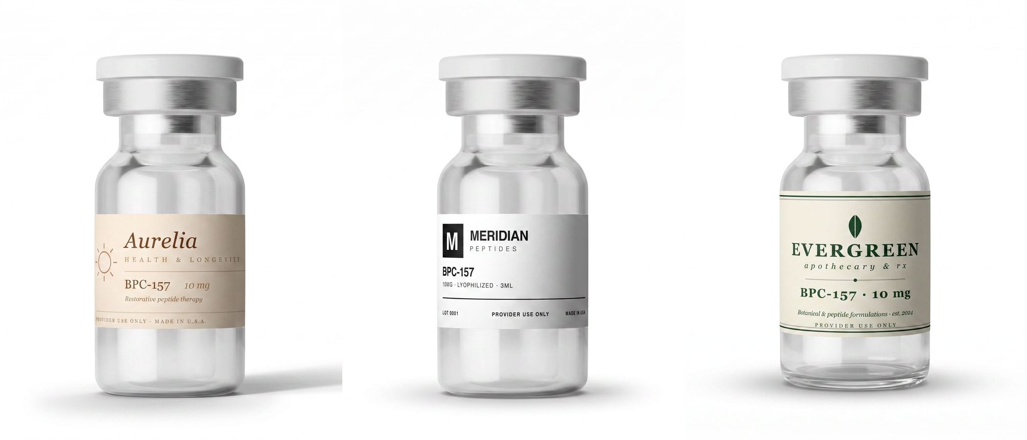 Three example private label brands on the same vial: Aurelia, Meridian Peptides, and Evergreen Apothecary